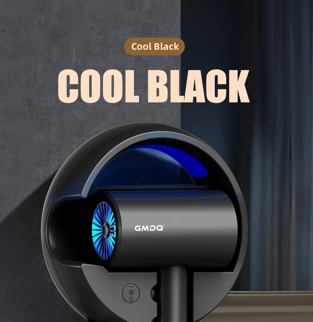 GMDQ cool black wall-mounted 1800W hair dryer with blue light technology for quick-drying and professional hair care.