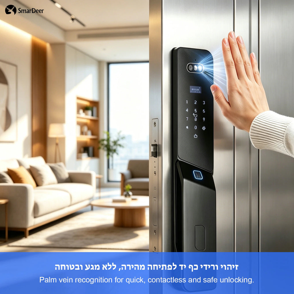 SmarDeer ﻿IS 6590 IP66 Waterproof Outdoor Smart Lock,Face & Palm Vein Recognition lock with Hebrew Menu,Tuya App Video Call
