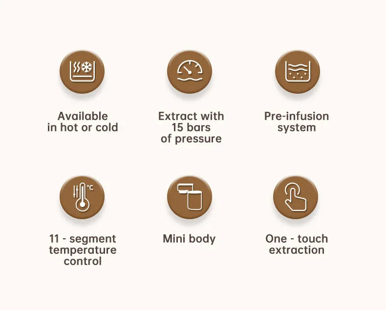 Features of compact coffee machine: 15-bar pressure, hot/cold brew, pre-infusion, 11 temperature settings, one-touch.