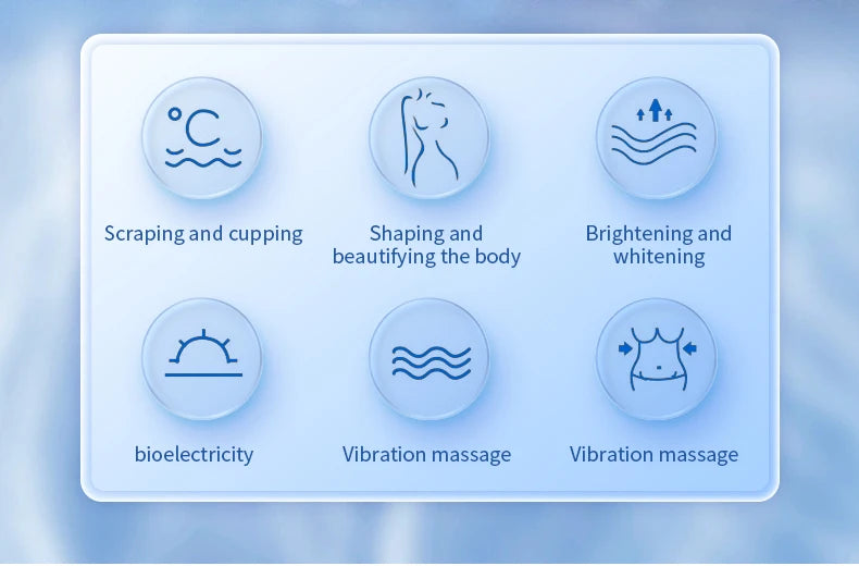 A blue infographic showing six circular icons for body slimming treatments like cupping, shaping, and vibration massage.
