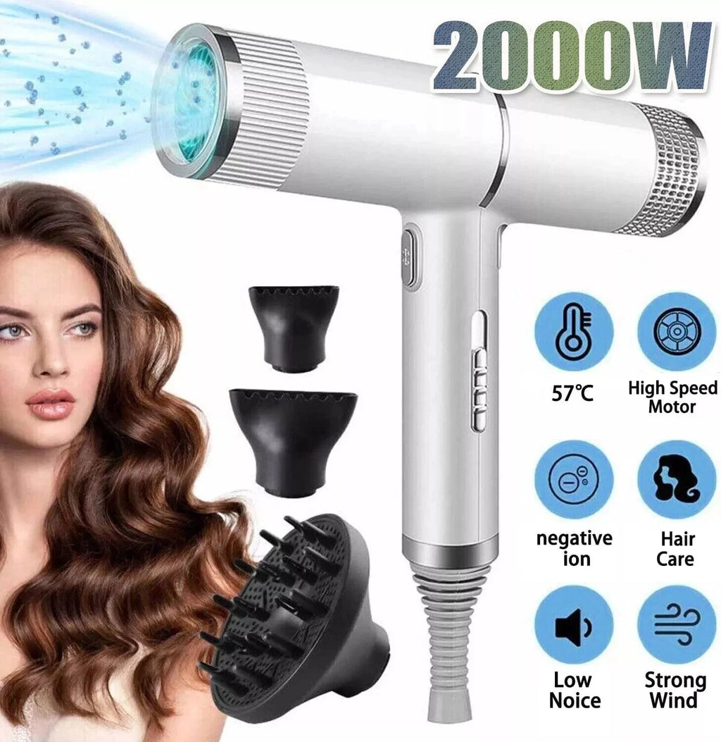 White 2000W high-speed ionic hair dryer with brushless motor, three styling attachments, and noise-reduction design.