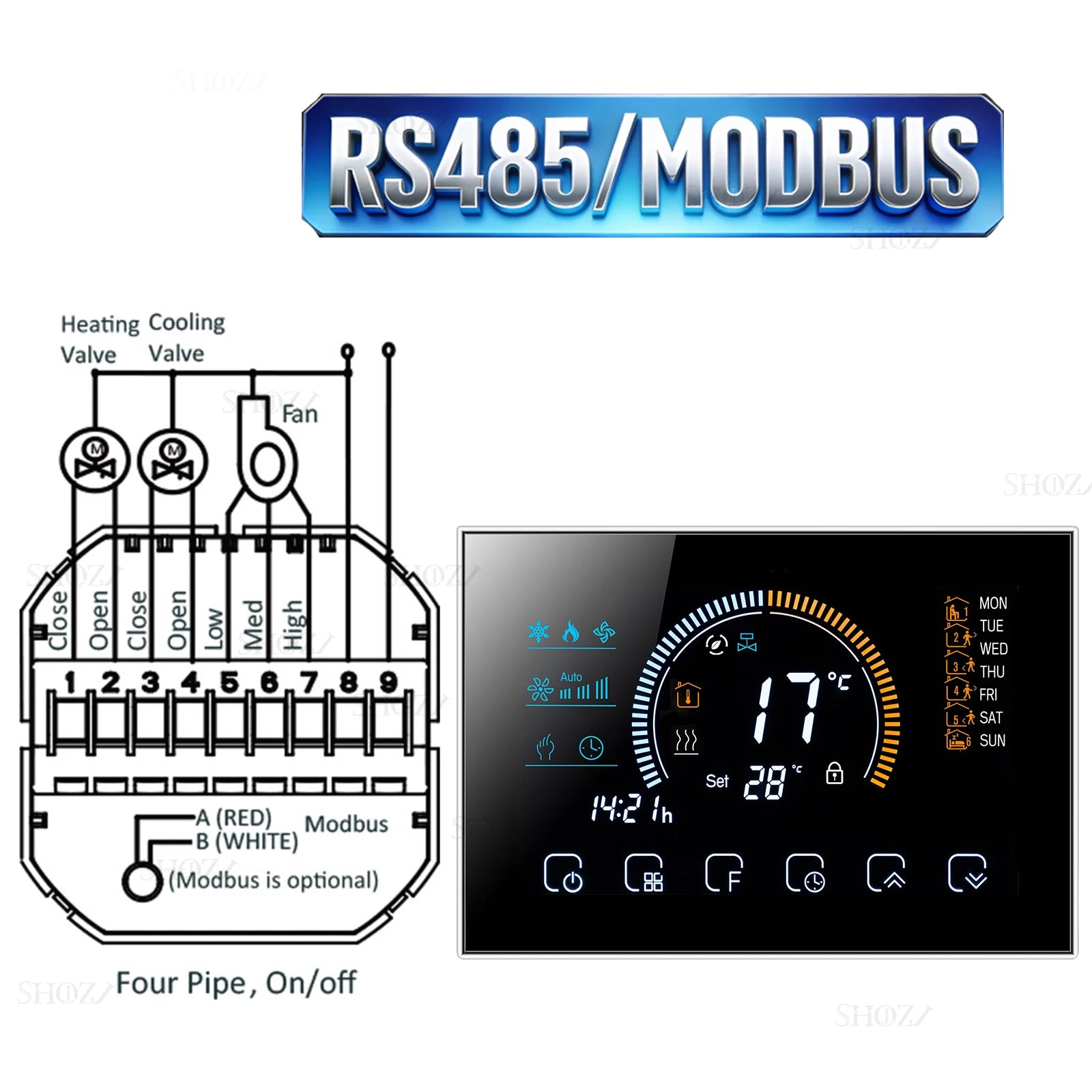 Wifi/RS485/Zigbee Thermostat Air Conditioning 3 Fan Coil Unit Home Cooling/Heating 2/4 Pipe Temperature Controller with Alexa