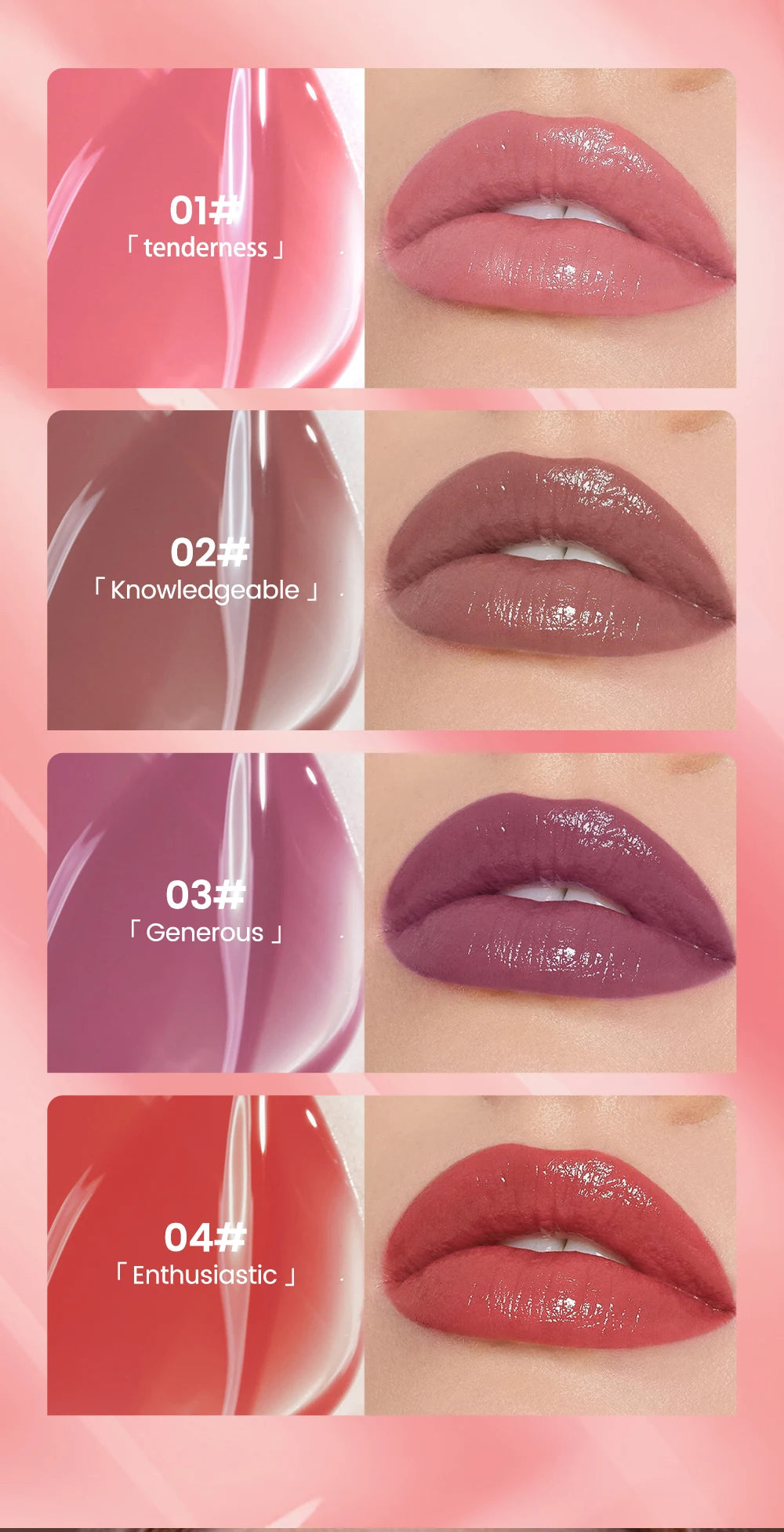 QIBEST 8-color watery lip gloss swatches showing mirror-finish, long-lasting moisturizing liquid lipstick on lips.