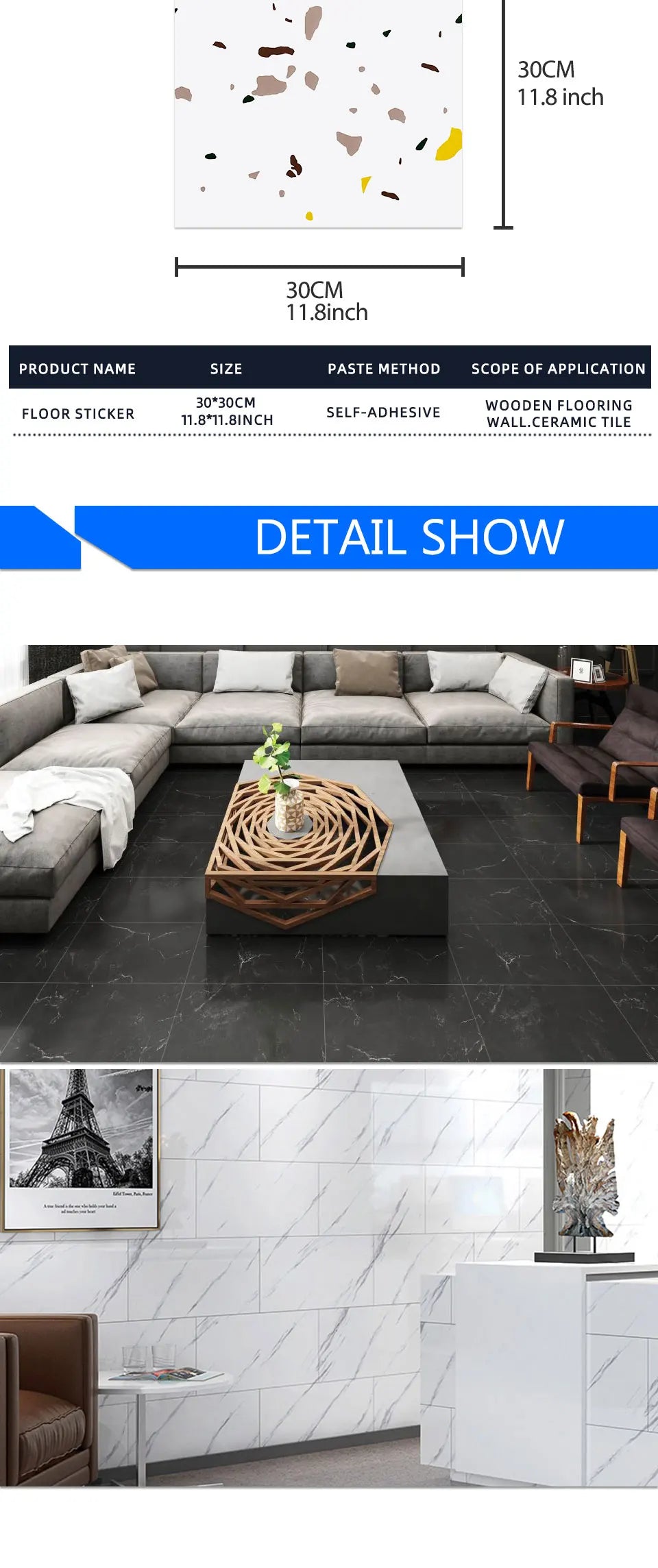 30*30cm PVC Imitation Marble Floor Stickers Self-adhesive Wall Stickers Waterproof Bathroom Decoration Decals