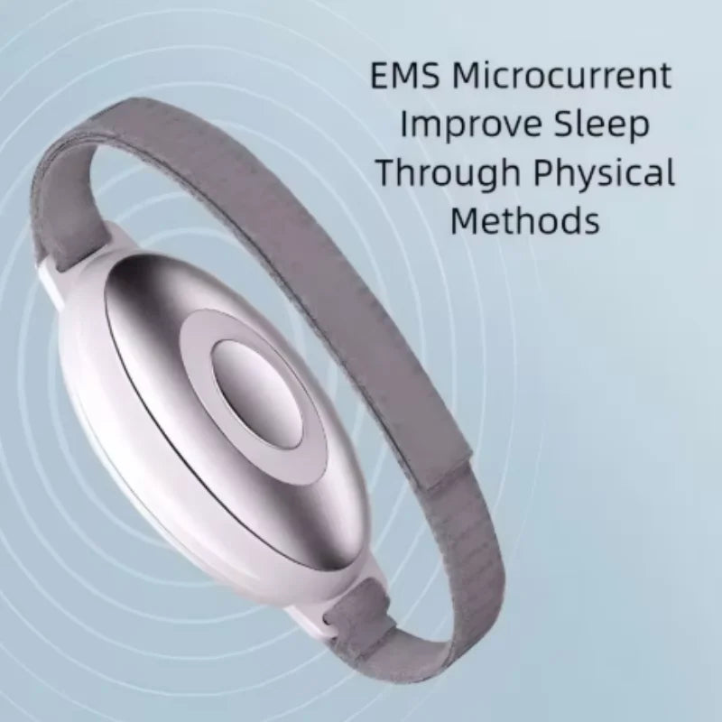 White and silver EMS microcurrent sleep aid device with grey wrist strap for anxiety relief and insomnia.