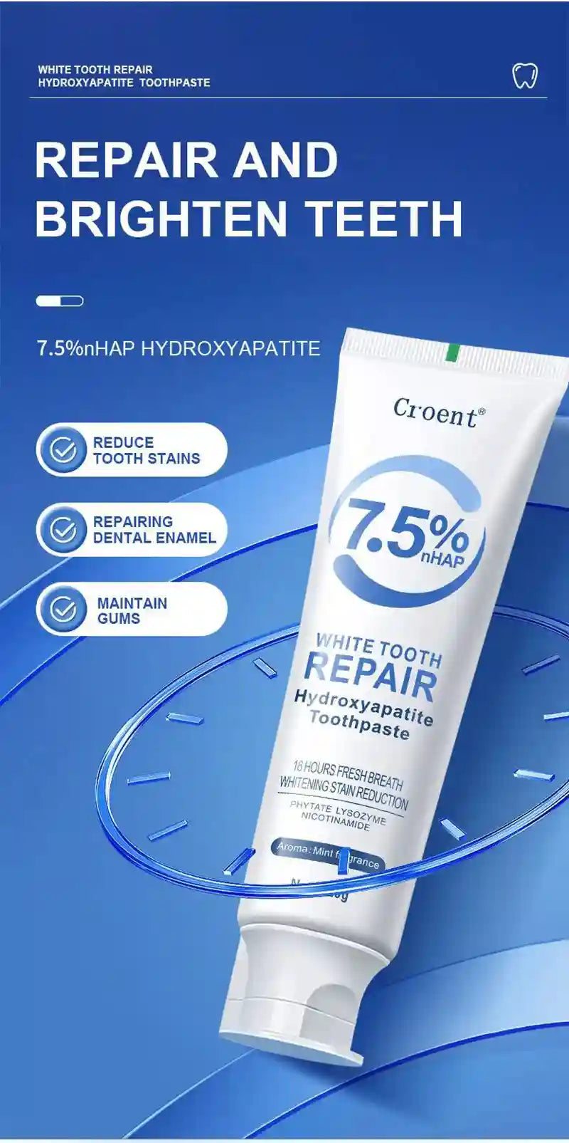 Tidesmit 120g hydroxyapatite whitening toothpaste for plaque removal, deep cleaning, and fresh breath.