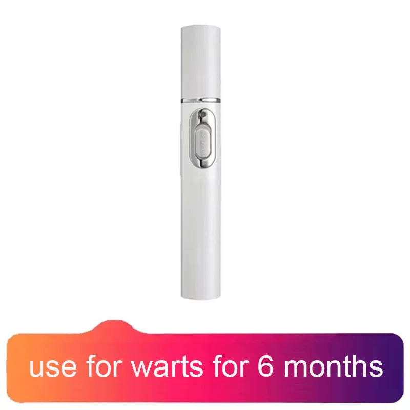 White cylindrical handheld wart removal device with a silver control button and a gradient banner below.