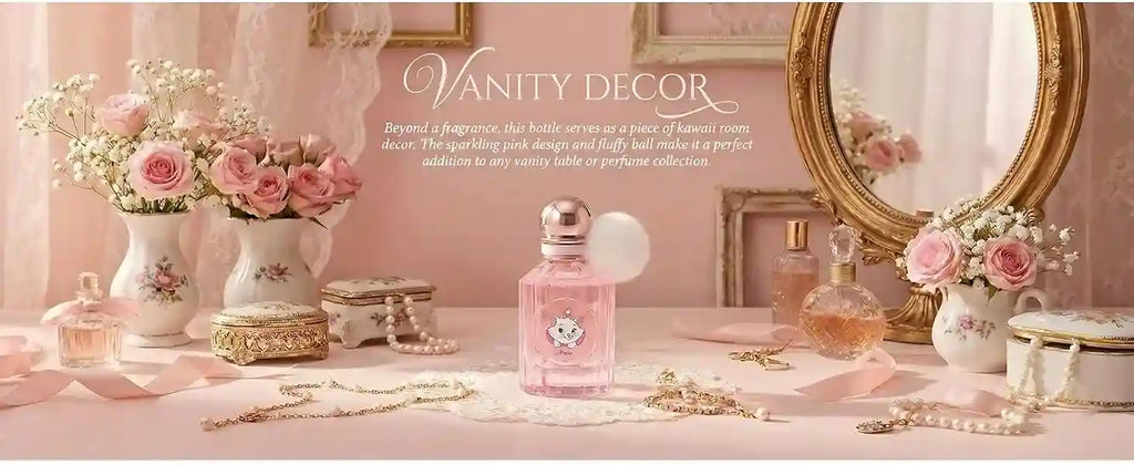 MINISO Disney Marie pink perfume, 50ml floral fruity spray for women. Elegant bottle with a fluffy white pom-pom topper.