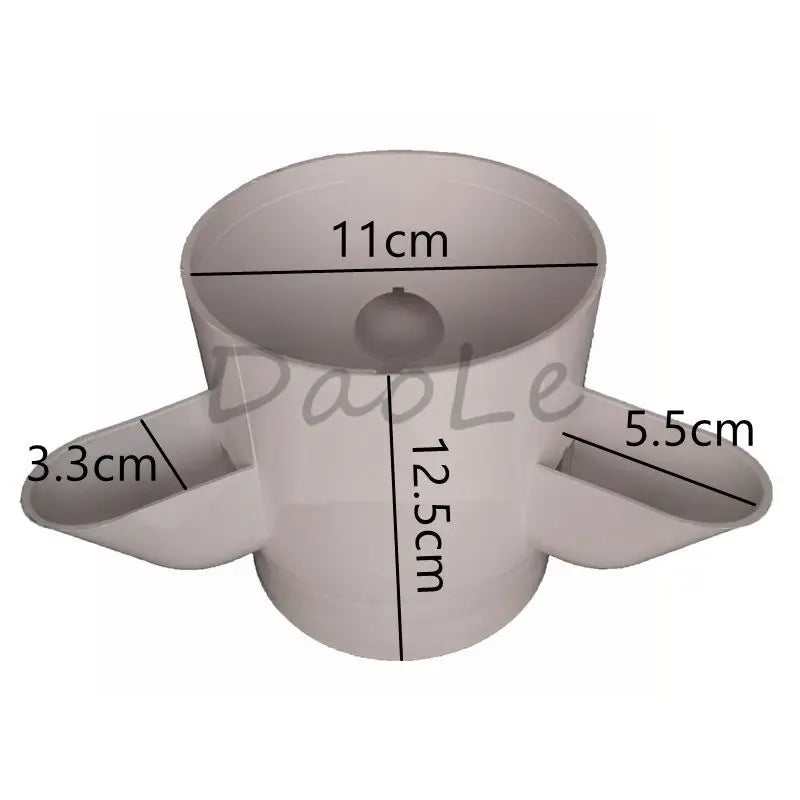 White hydroponic tower planter top with four side arms and center cup, with size markings