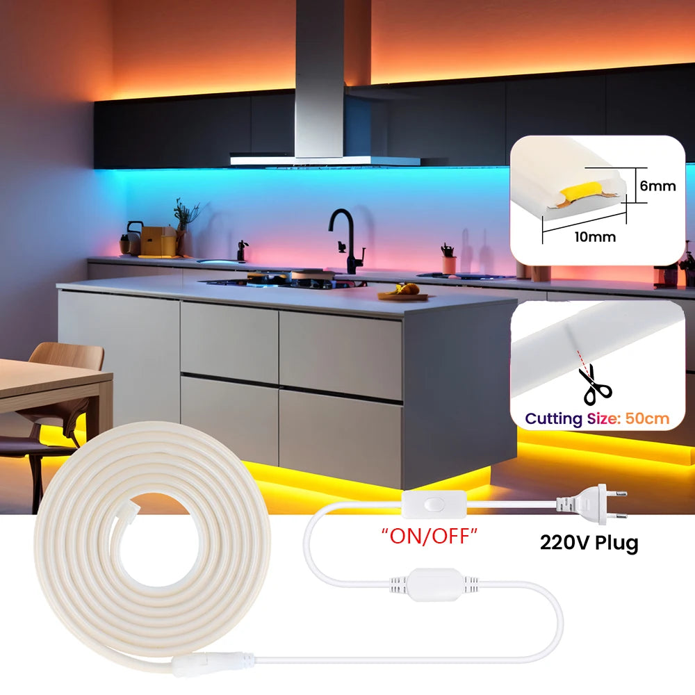220V Dimmable COB Led Strip Light ON/OFF Dimmer Waterproof 288Leds Flexible Neon Lamp Home Decor EU Power Kit Warm Natural White