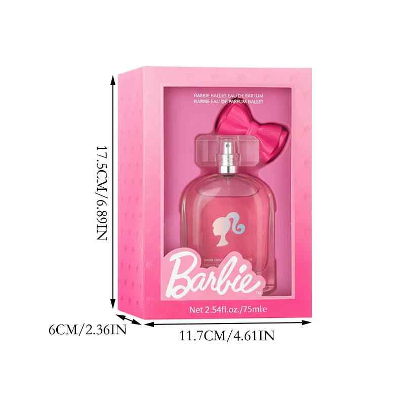 MINISO Barbie Ballet EDP: Pink bow-capped glass bottle, 75ml floral fruity women's fragrance gift set.