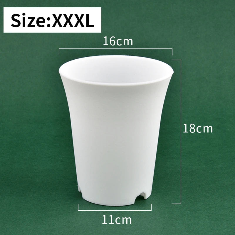 White plastic nursery seedling pot, taller conical shape with drainage holes