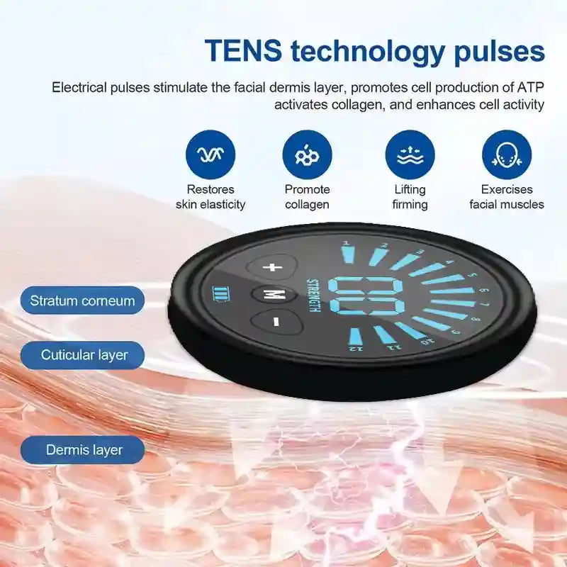 Black circular EMS facial massager control unit with a digital display, mode buttons, and TENS technology icons.