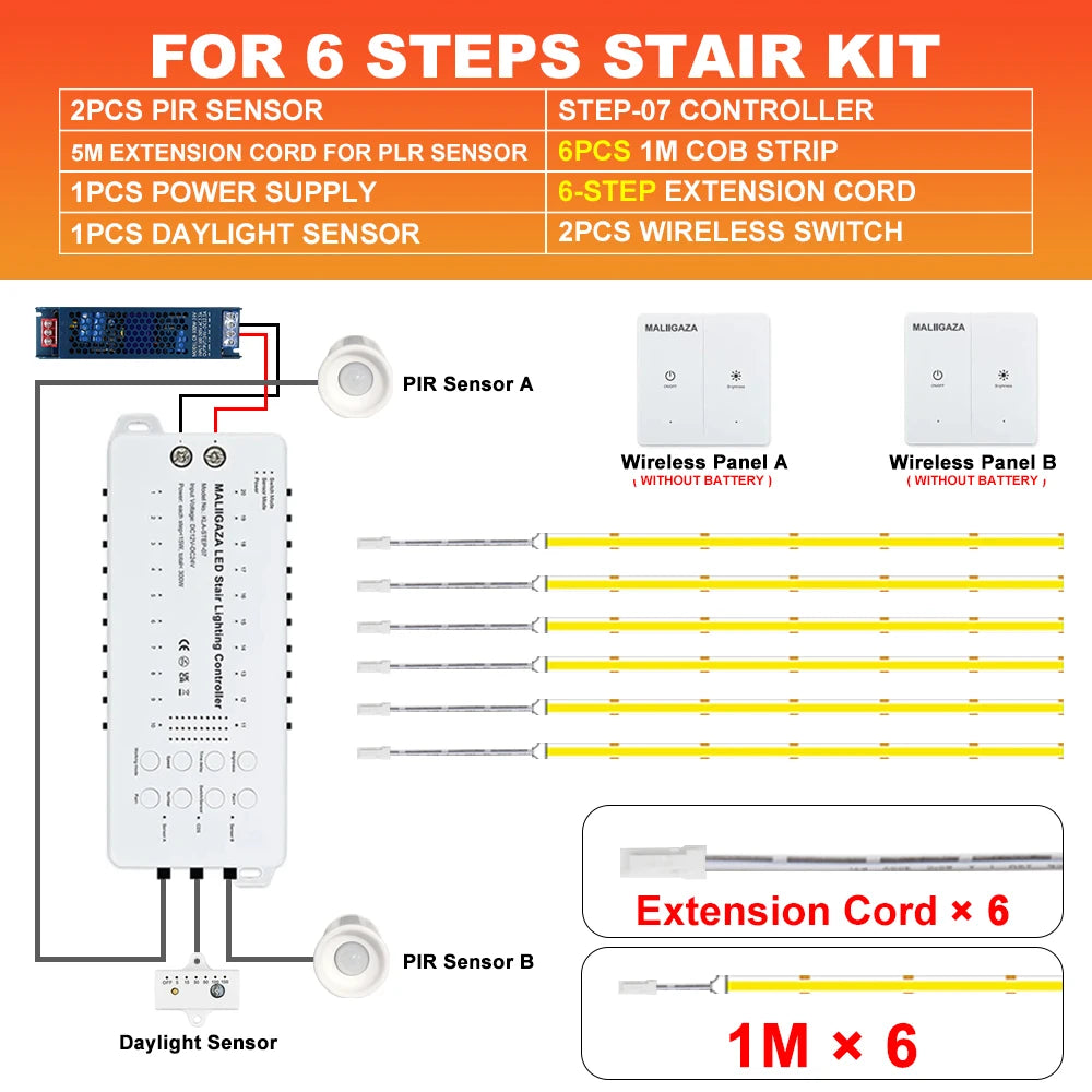 LED stair light kit with PIR motion sensors, COB strip, extension cord for 6 steps