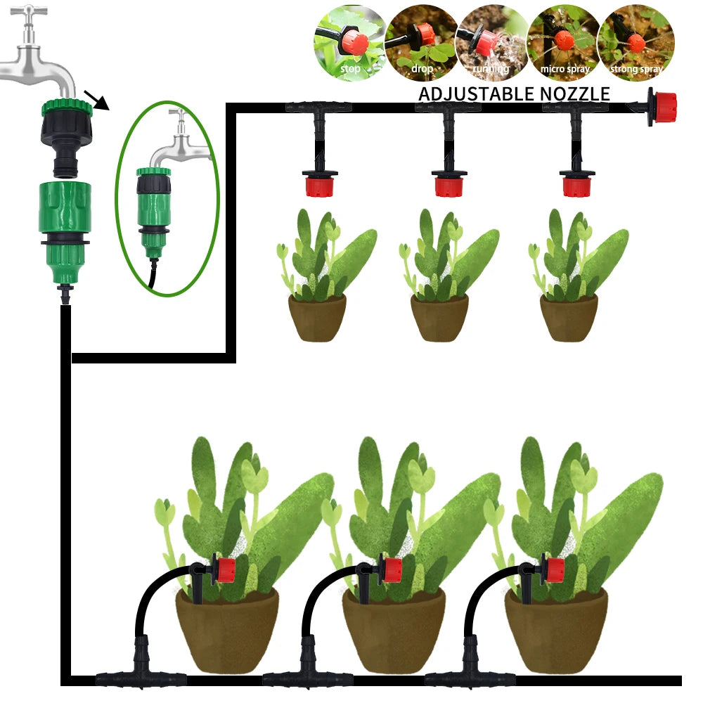 Adjustable nozzle micro drip irrigation system for multiple pots with hose and drippers