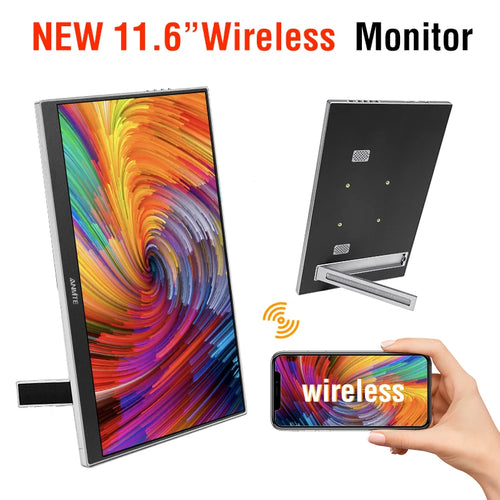 An 11.6-inch wireless portable monitor with a kickstand, showing a vibrant screen display and smartphone connection.