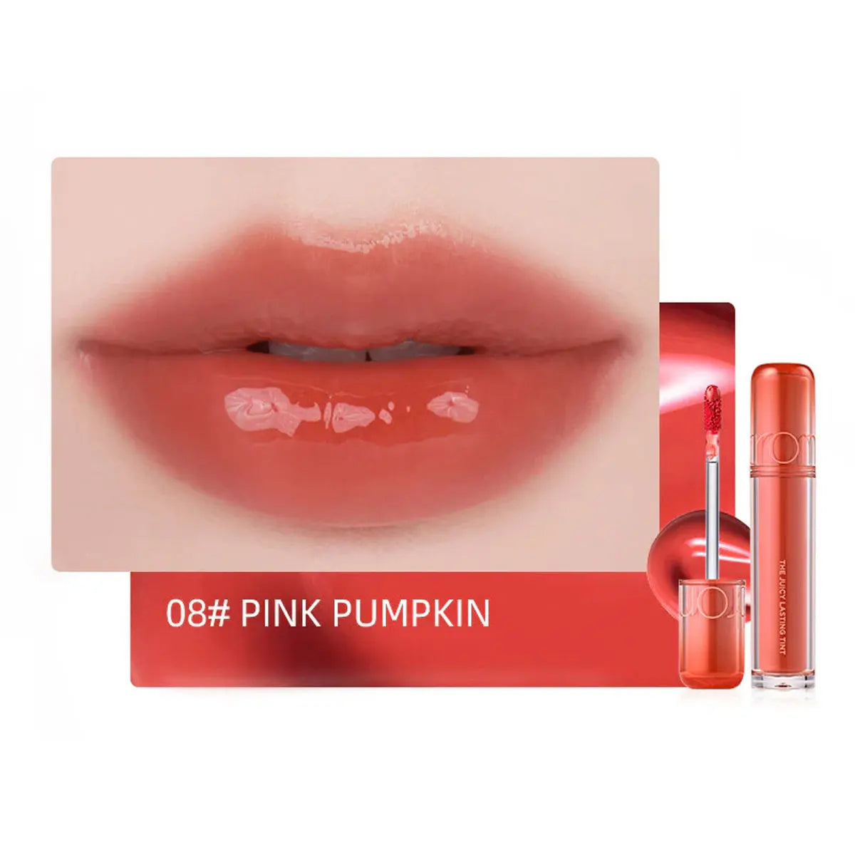 rom&nd Juicy Lasting Tint in Pink Pumpkin: glossy, hydrating Korean lip stain with a vibrant, sheer coral-pink finish.