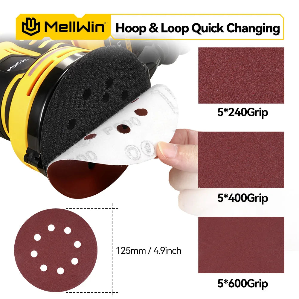 MELLWIN 125MM Electric Orbital Sander Polisher 3 Speeds Adjustable Wood Metal Sanding Polishing Tool For Makita 18V Battery Pin