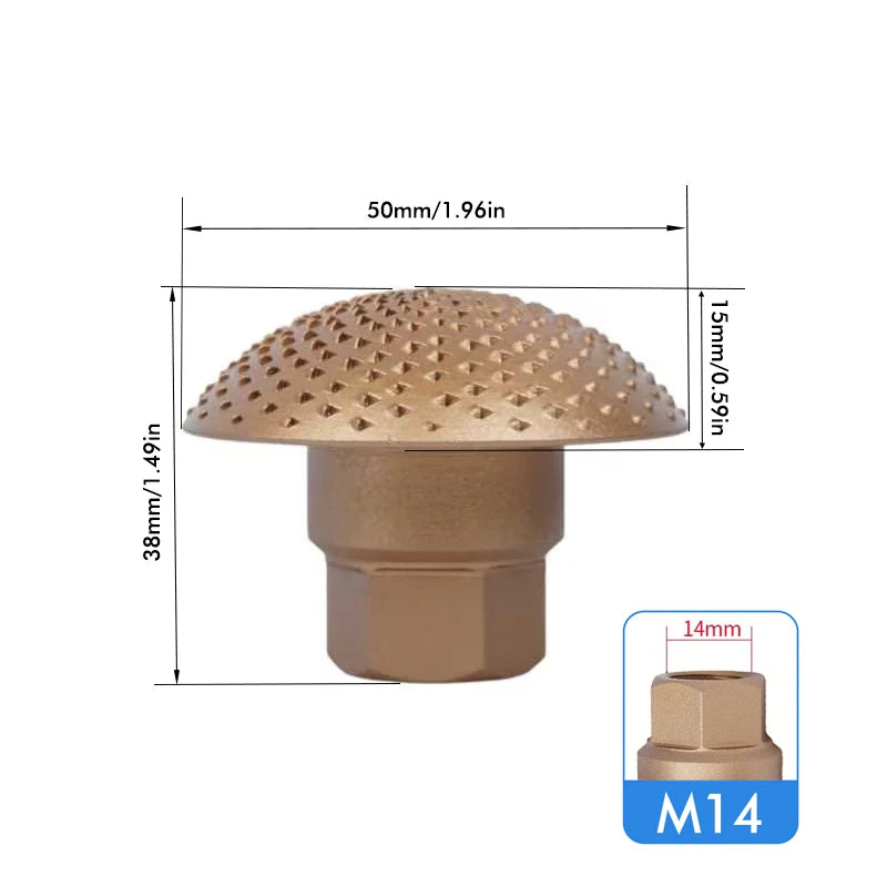 Arc-shaped grinding head, medium tan diamond-tooth dome with brown threaded mounting shank