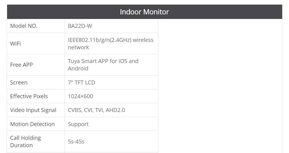 BA22D-W 4 Wire 7" Touch Screen Monitor Motion Detection For HOMSECUR Tuya Smart WIFI Video Doorphone 1080P FHD