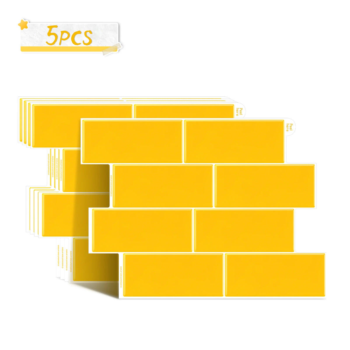 5pcs bright yellow subway backsplash tile stickers, layered brick pattern graphic