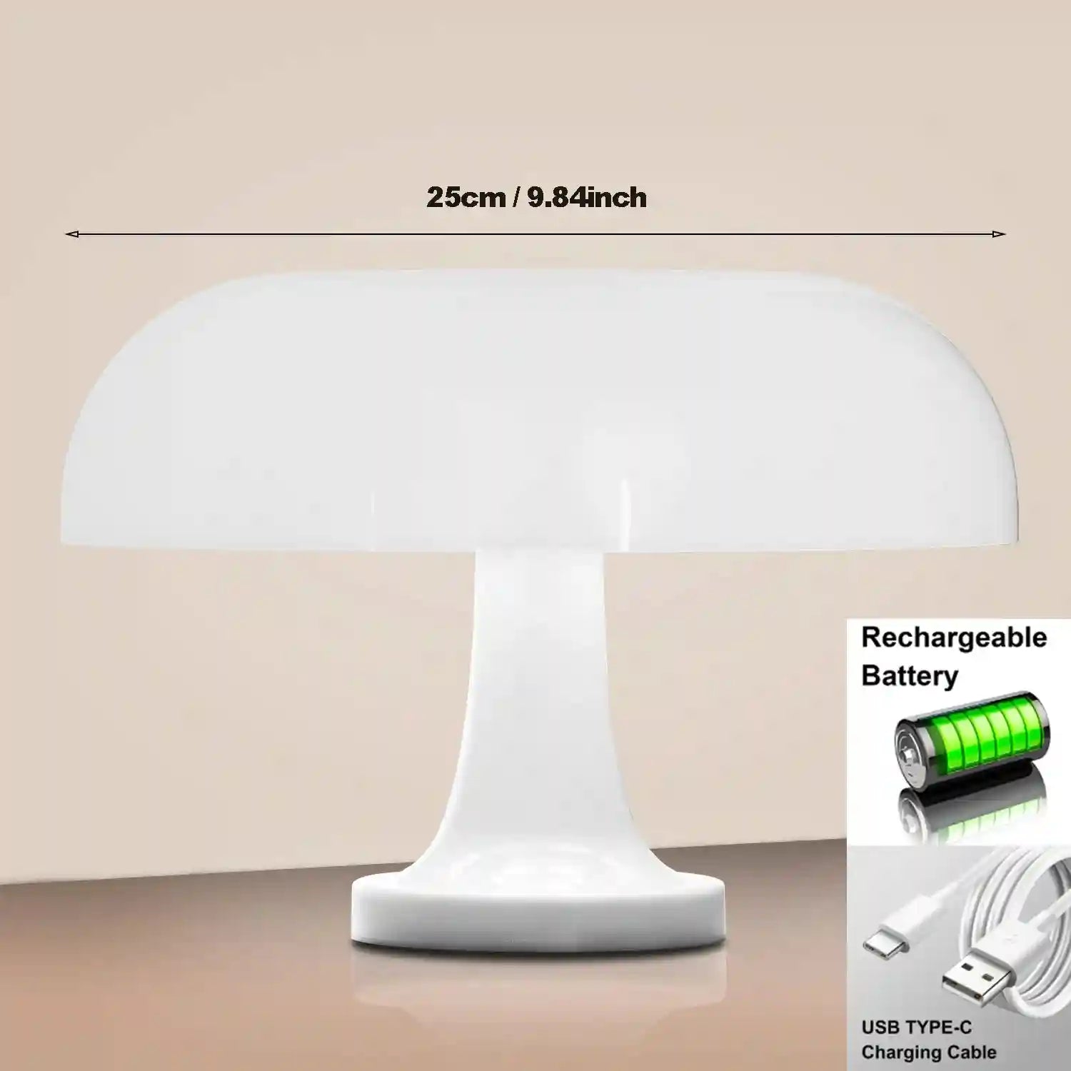 Mushroom Table Lamp - Bauhaus Bedside LED Light, 25cm Adjustable Desk Lamp White charging 25cm Tidesmit