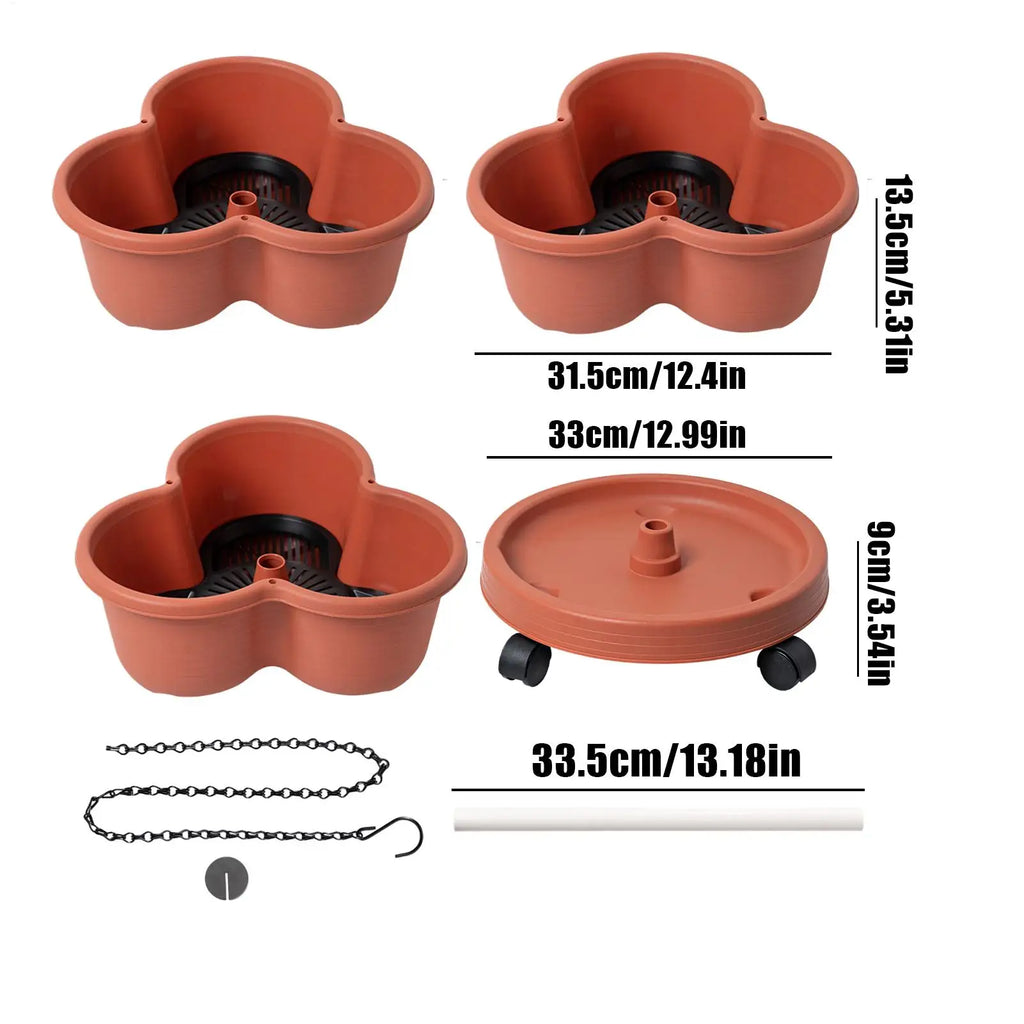 Brick red stackable planter pots set with rolling base, lid, and chain accessories.