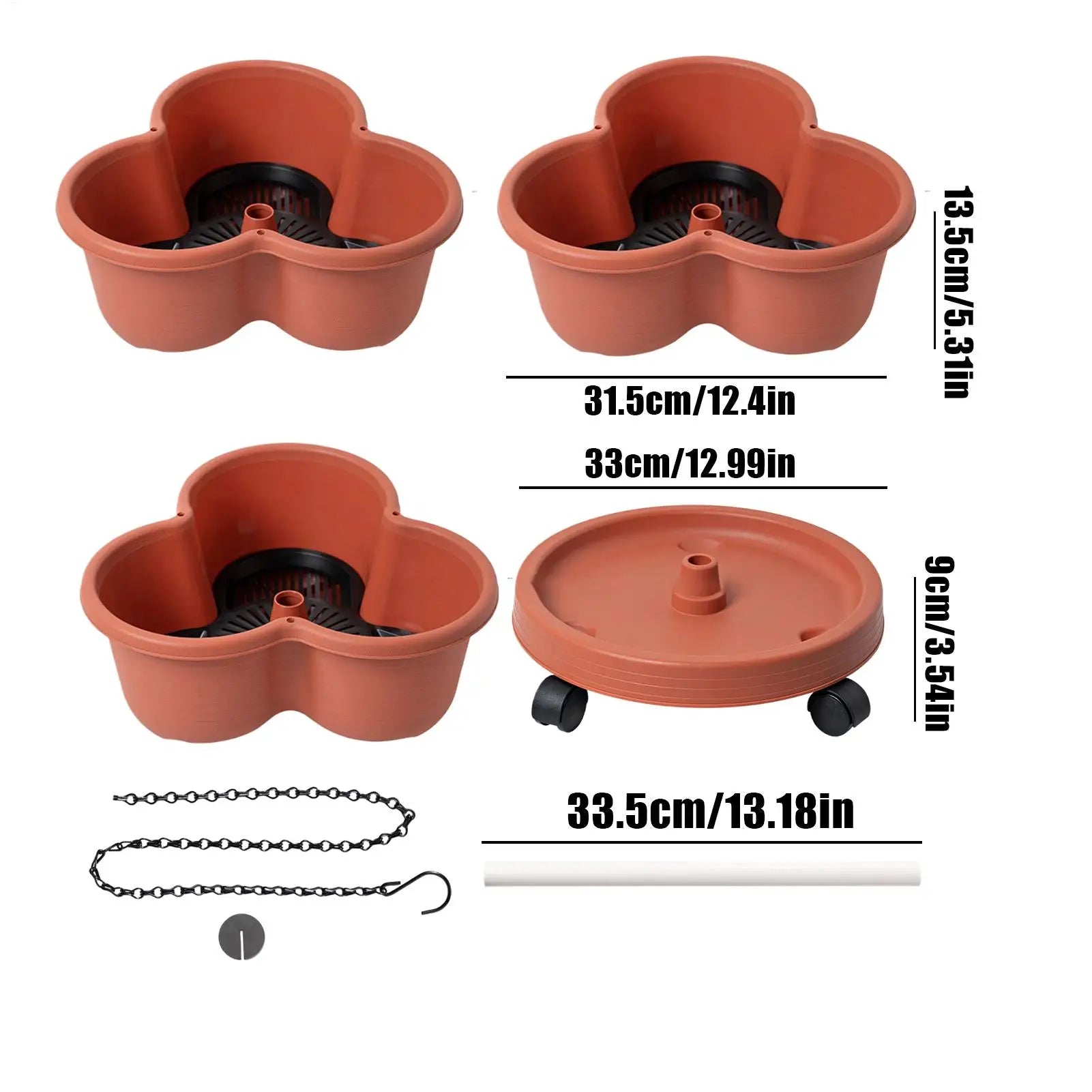 Brick red stackable planter pots set with rolling base, lid, and chain accessories.