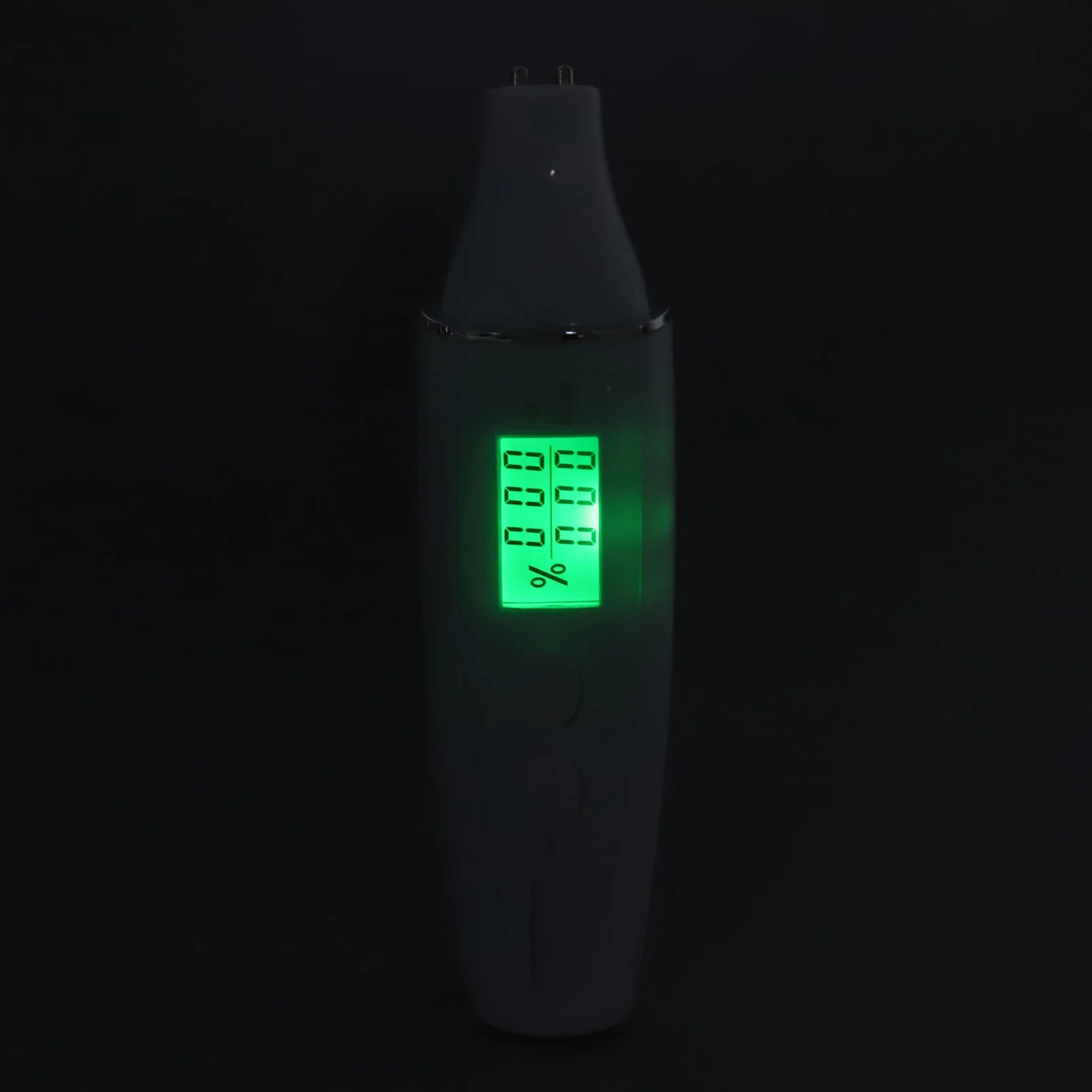 Portable facial skin analyzer pen with a glowing green digital LCD screen for measuring skin moisture levels.