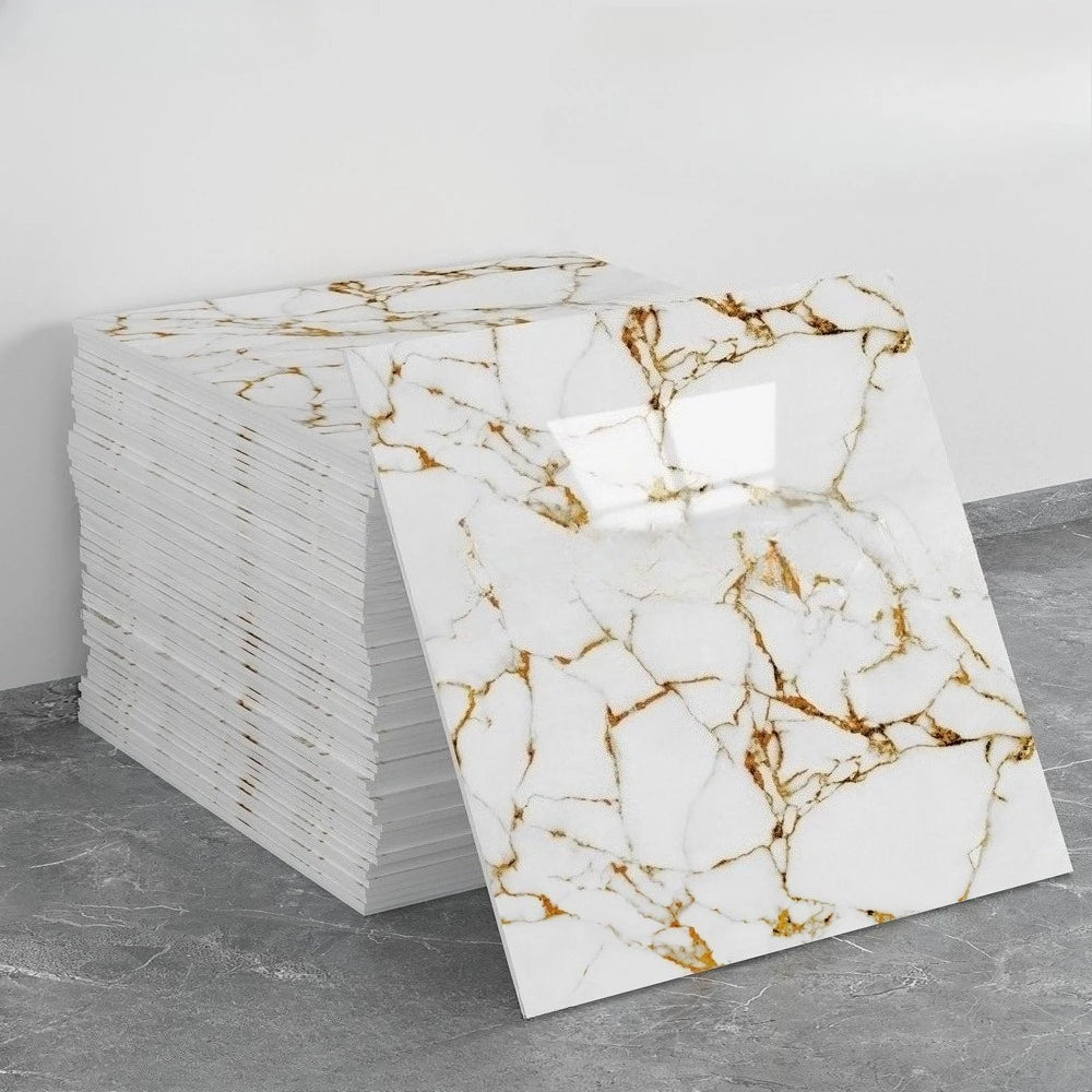 Peel-and-stick marble backsplash panel, white with gold crackle veining