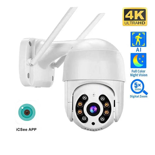 Outdoor white PTZ dome security camera with two side antennas and wide-angle lens.