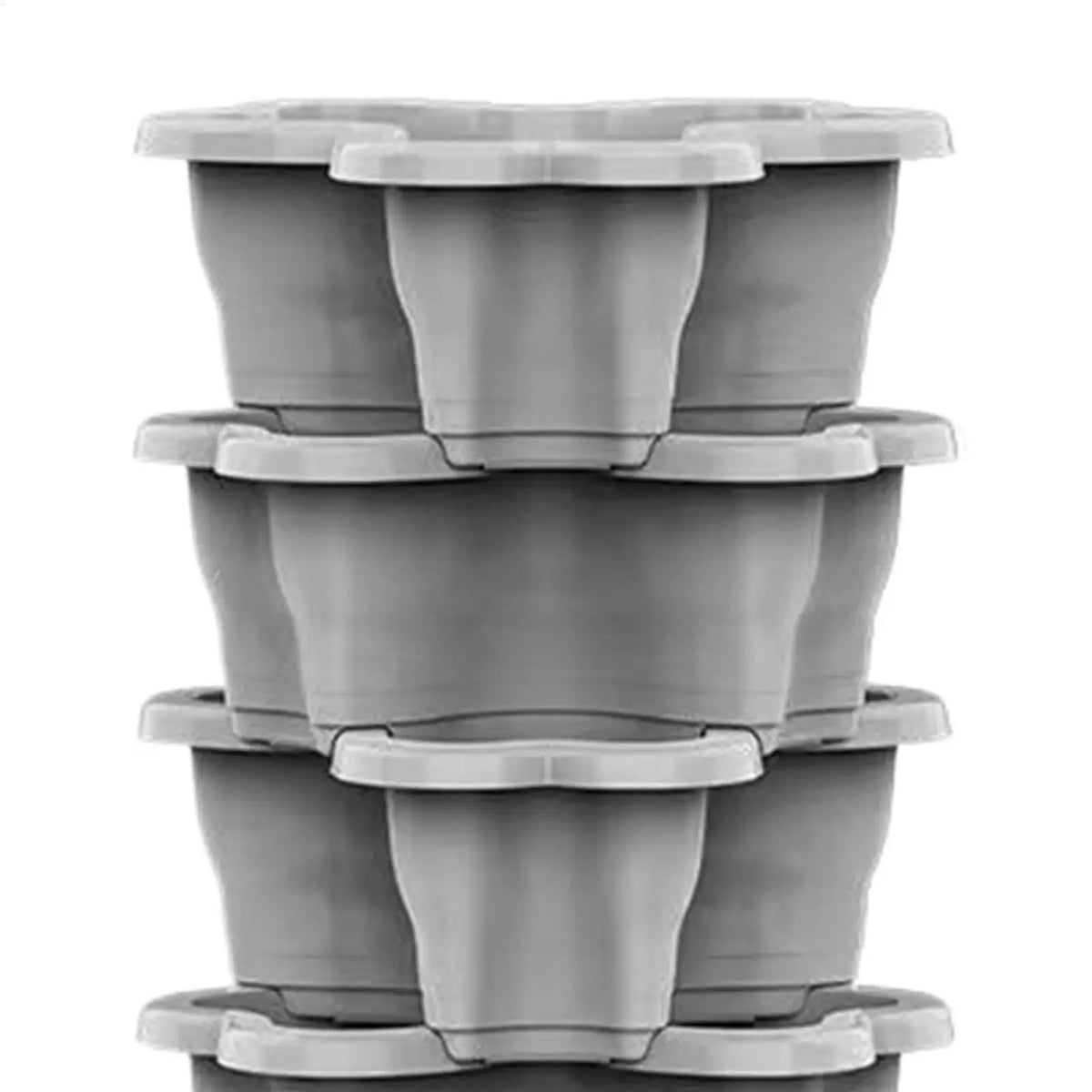 Gray plastic vertical planter tower with four stackable tiers and hinged side supports