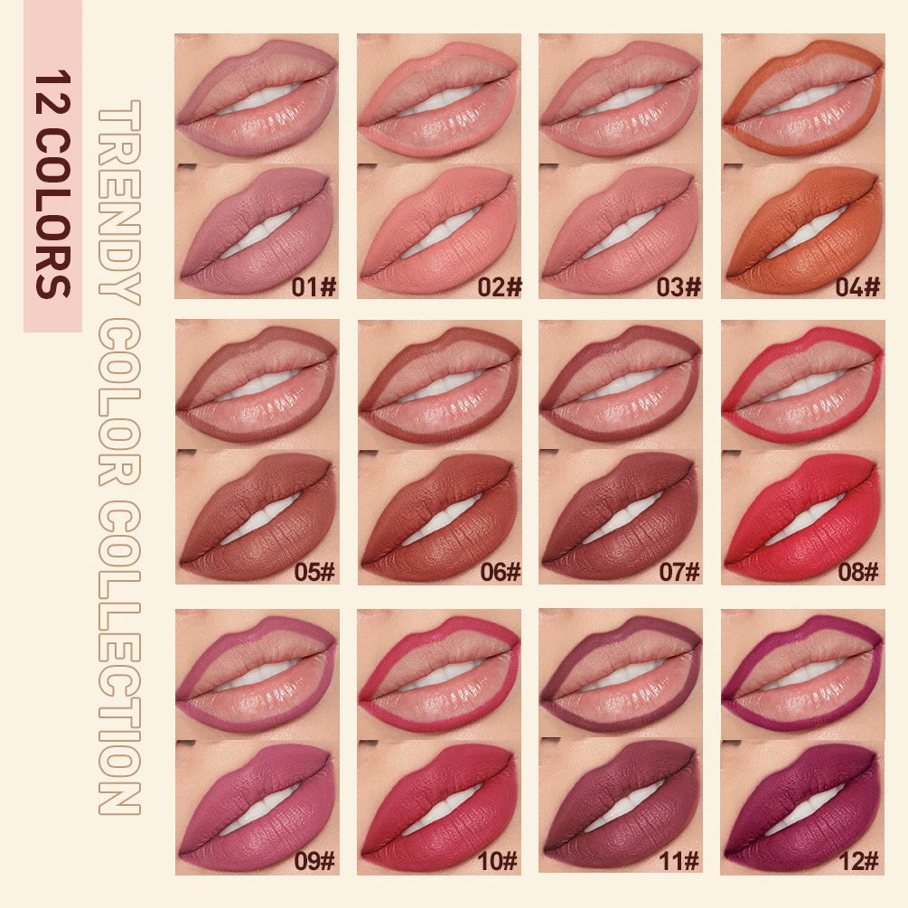QIBEST 12-color matte lipstick and waterproof lip liner set featuring long-lasting nude and vibrant lip makeup swatches.