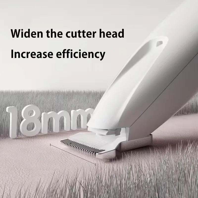 White electric pet hair trimmer with 18mm wide cutter head for efficient grooming of dog and cat paws, ears, and face.