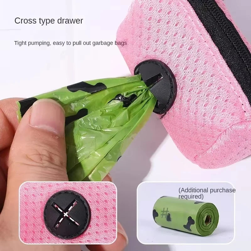 Pink mesh dog poop bag dispenser with easy-pull cross slot for convenient pet waste cleanup while walking your dog.