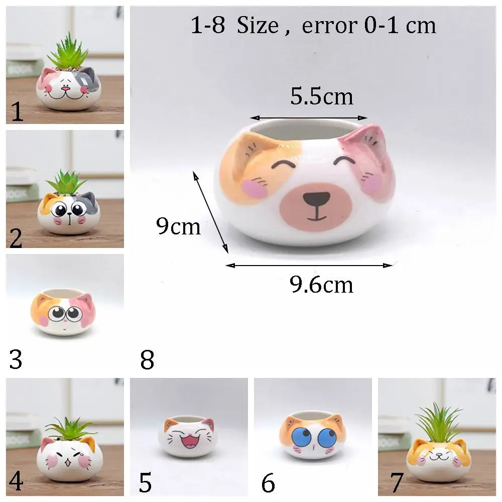 White cat-face ceramic planter cup with pink and peach accents