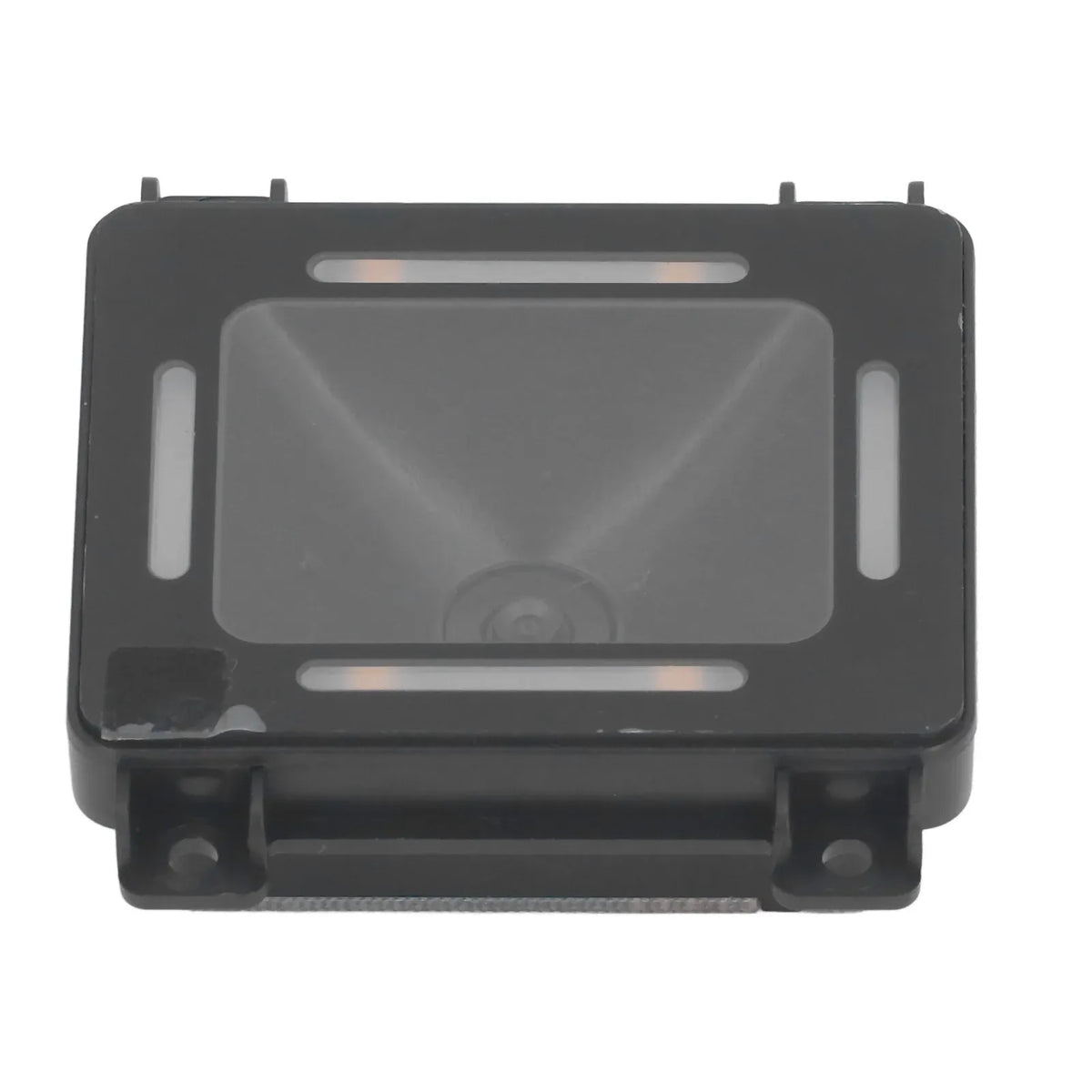 Black fixed-mount 2D barcode scanner module with clear front window and mounting tabs.