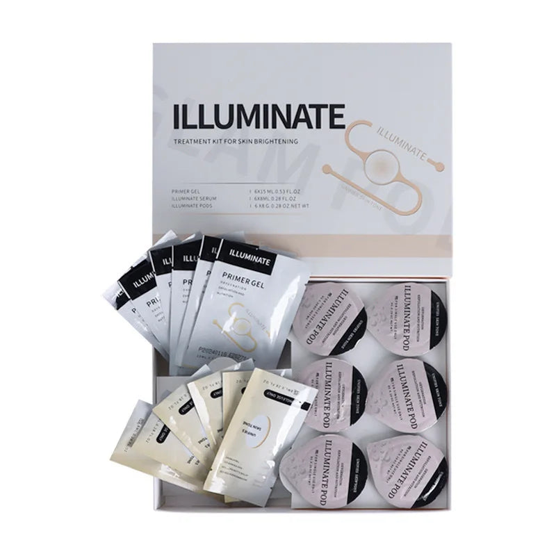 Illuminate oxygen facial treatment kit with serum, primer gel, and pods for skin rejuvenation and exfoliation.