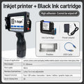 Handheld inkjet printer kit with black ink cartridge, power adapter, and USB cable