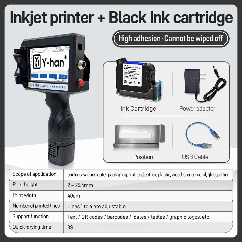 Handheld inkjet printer kit with black ink cartridge, power adapter, and USB cable