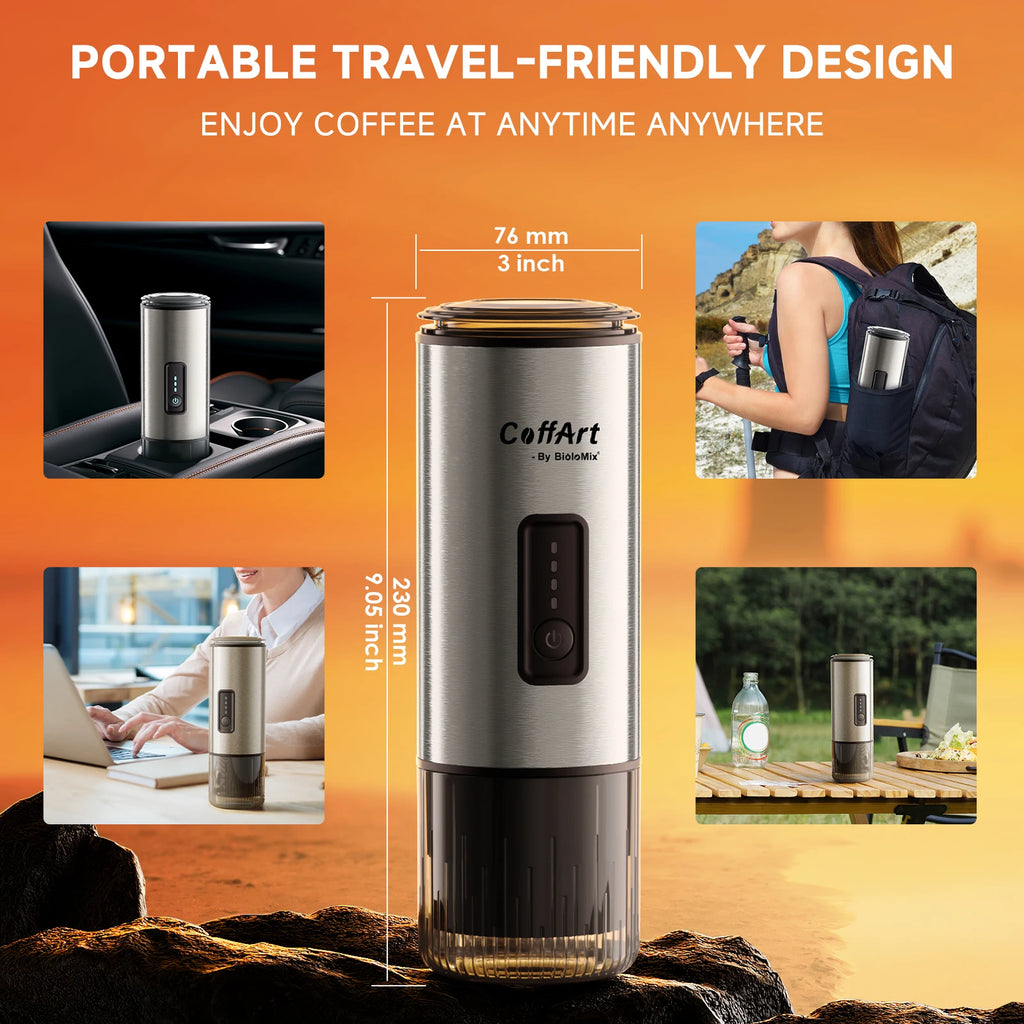 CoffArt by BioloMix portable silver stainless steel travel coffee maker, 230mm height, compact battery-powered design.