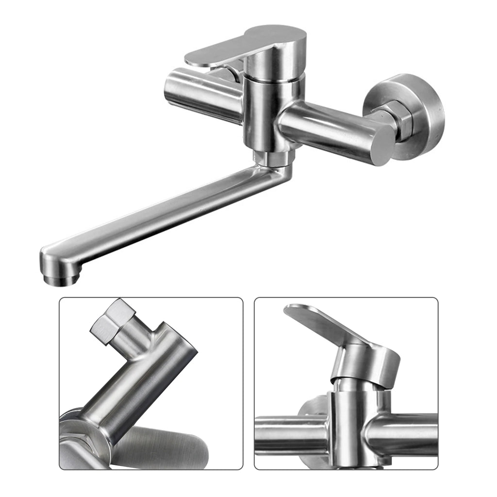 Silver Wall-Mounted Stainless Steel Rotatable Kitchen Faucet 360° Single Handle Hot and Cold Water Faucet For Both Homes Etc