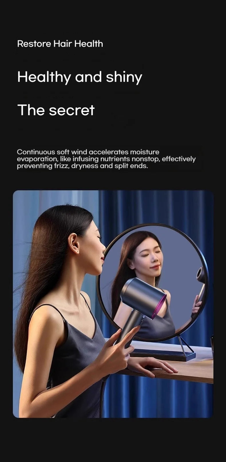 Grey high-speed ionic hair dryer with intelligent temperature control for shiny, frizz-free hair in front of a mirror.