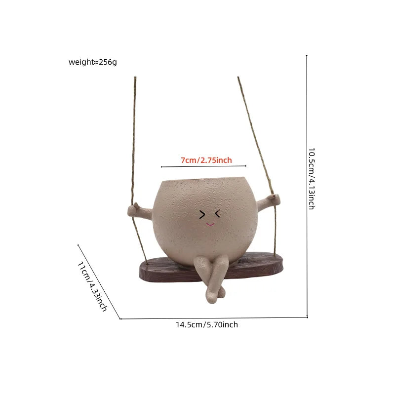 Mini hanging succulent planter, tan face character with hanging rope handles; size diagram view.