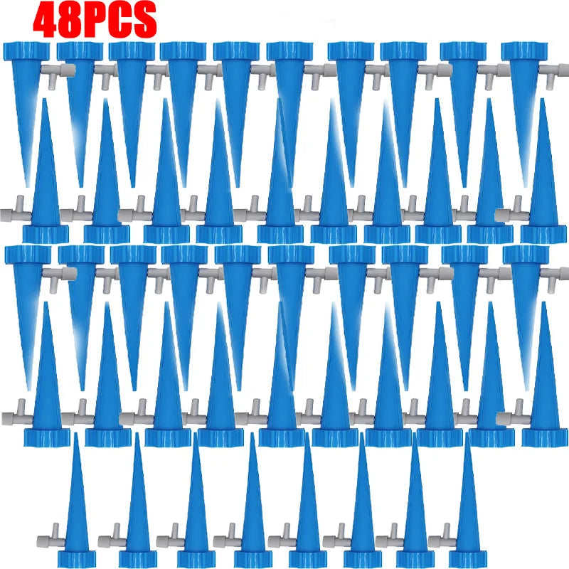 Close-up set of blue drip irrigation stakes with white valves and pointed soil tips