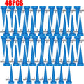 Close-up set of blue drip irrigation stakes with white valves and pointed soil tips