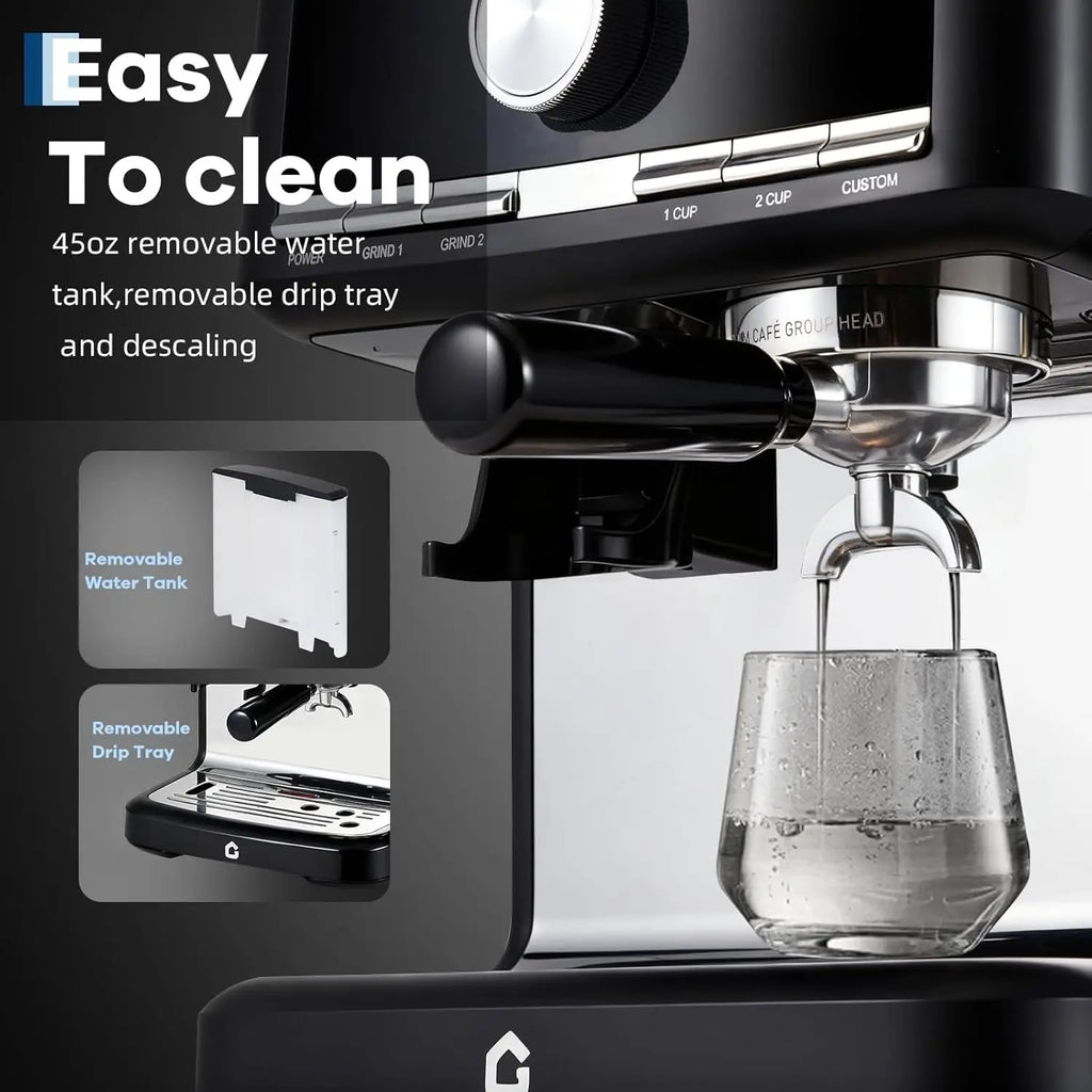 Black espresso machine with 45oz removable water tank, drip tray, and chrome group head.