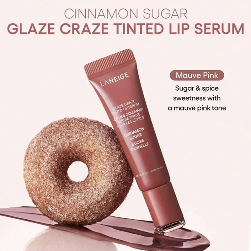 Laneige Glaze Craze Tinted Lip Serum in Cinnamon Sugar, a moisturizing mauve pink lip gloss with a glossy, smooth finish.