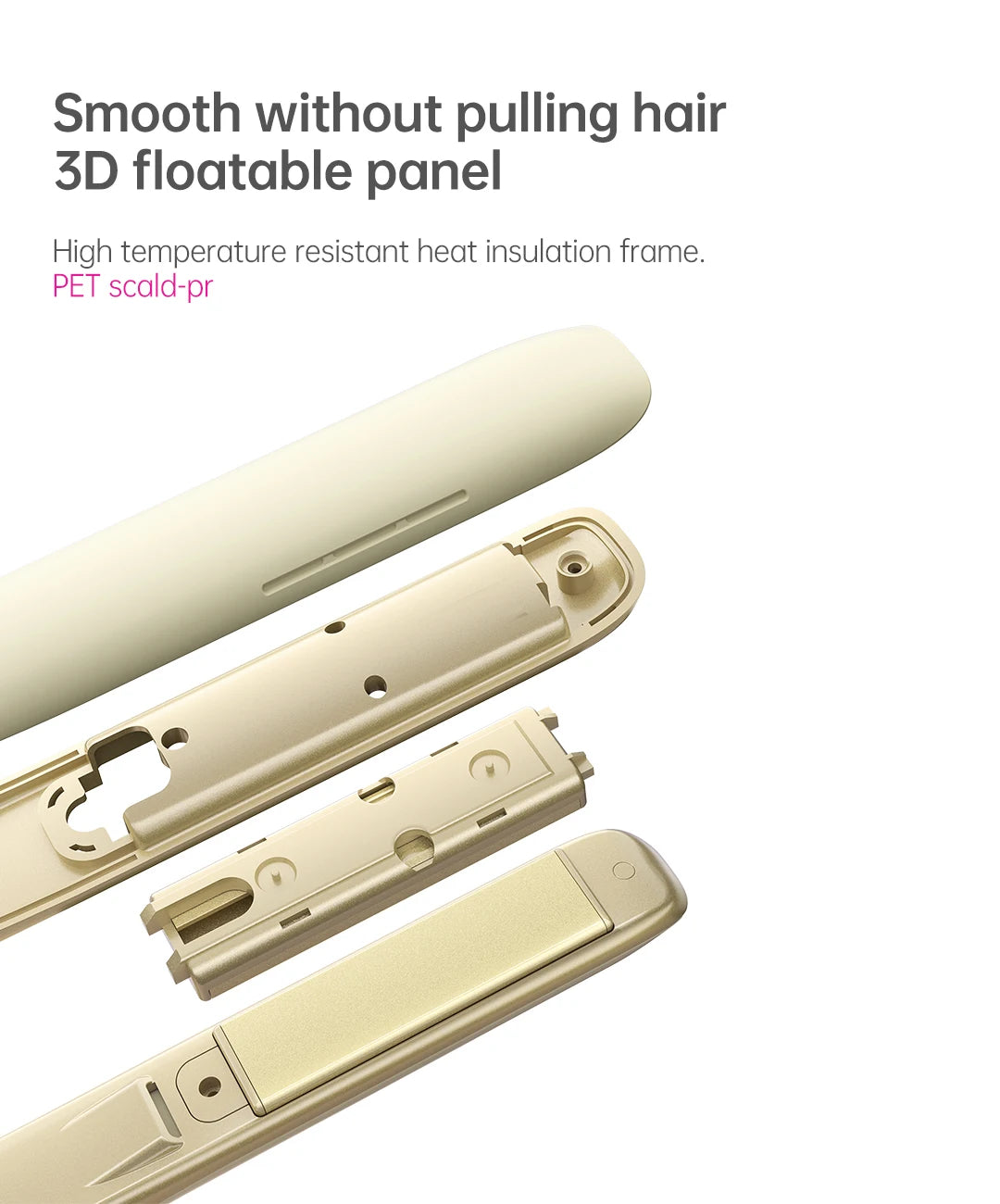 Gold 2-in-1 hair straightener and curler featuring 3D floatable panels and anti-scald heat insulation frame design.