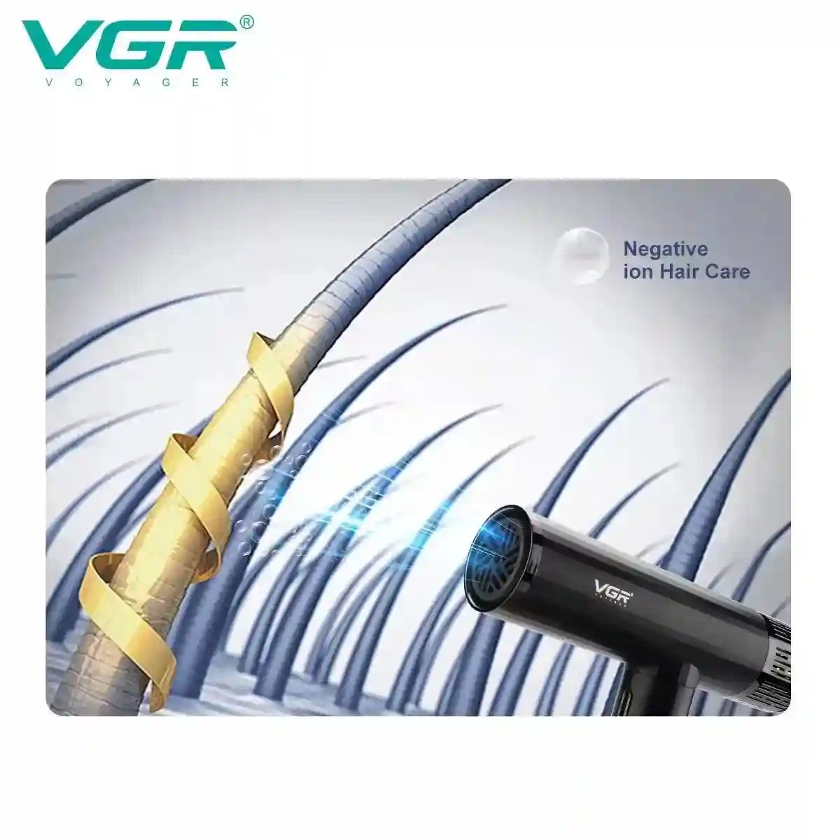 Black VGR V-427 professional hair dryer with high-speed brushless motor and negative ion tech for smooth styling.